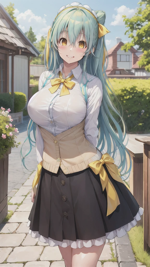 masterpiece, Highest quality, High resolution, Ah, Kiyoshi, Long Hair, Aqua Hair, White corner, Hair Ribbon, Yellow ribbon, Yellow Eyes, cardigan, Checked skirt, Put your arms behind your back, smile, Open your mouth, petal, Outdoor, Big Breasts   