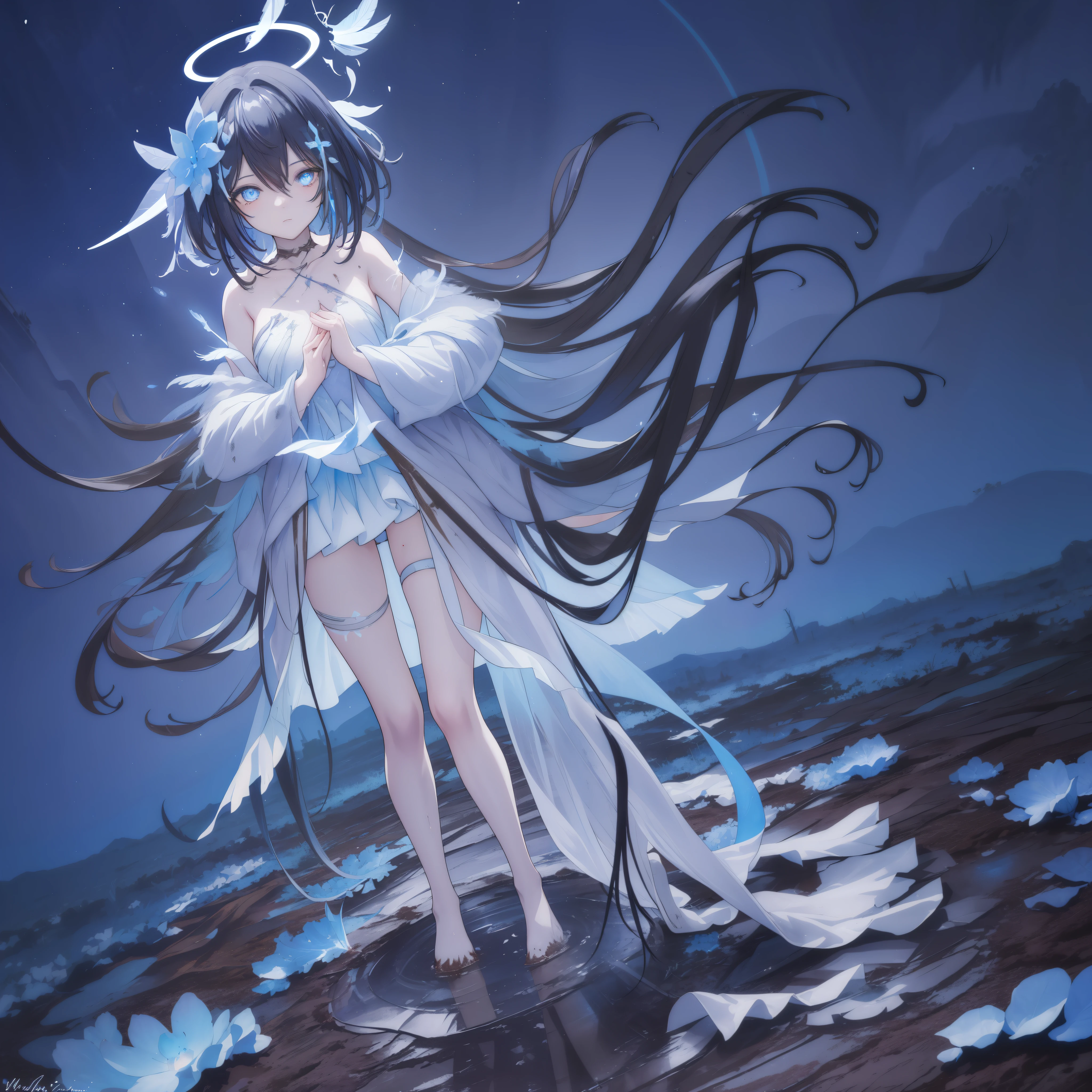 ((A long shot)) of a black-haired anime teen girl, (((standing in a muddy forest with mud covered in her body))), ((strong moonlight)), cinematic light, slim body, skin is perfectly healthy, soft, and smooth, Extremely delicate and beautiful CG illustration, best quality, high resolution, dynamic angle, full-length lens, (1 girl), floating, (soft light, high-key lighting), glowing light, blue halo, feathers fluttering background, blue crystal, ((very cinematic)), ((half naked))