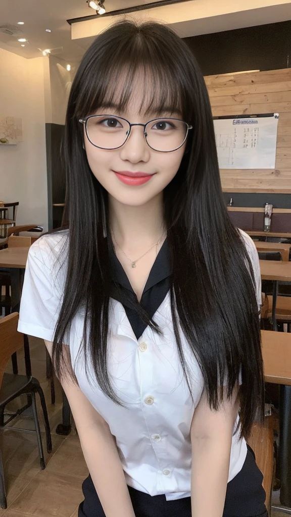 (Actually, the resolution is high.:1.3),Girl with a perfect figure, slender face and eyes, long black hair, student uniform.:1.2 shorts in a restaurant, very big breasts, showing breasts, wearing glasses, long hair, bangs, beautiful smile