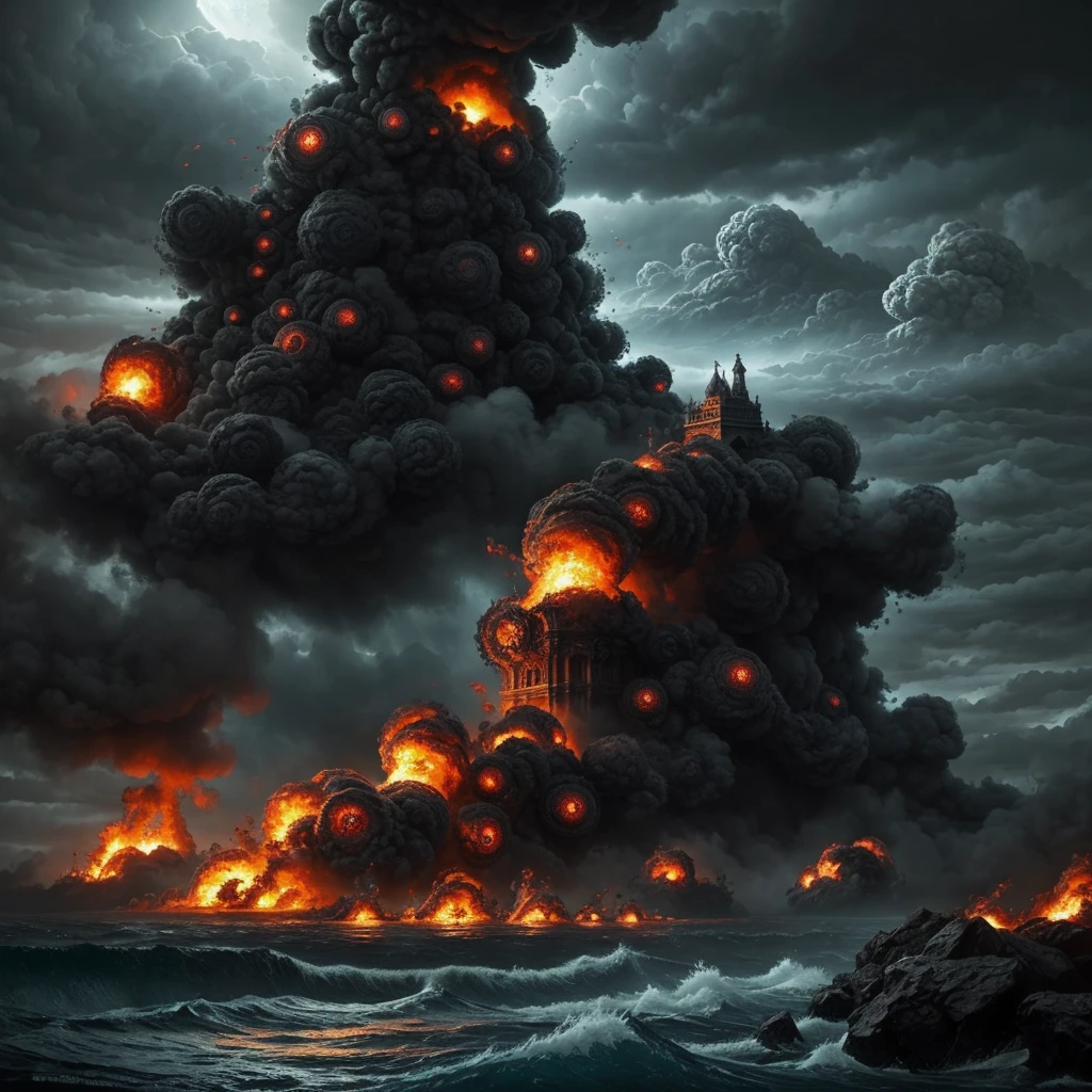 Angry water boiling spiralls rising between hell landscapes 🖤, surreal art, fantasy