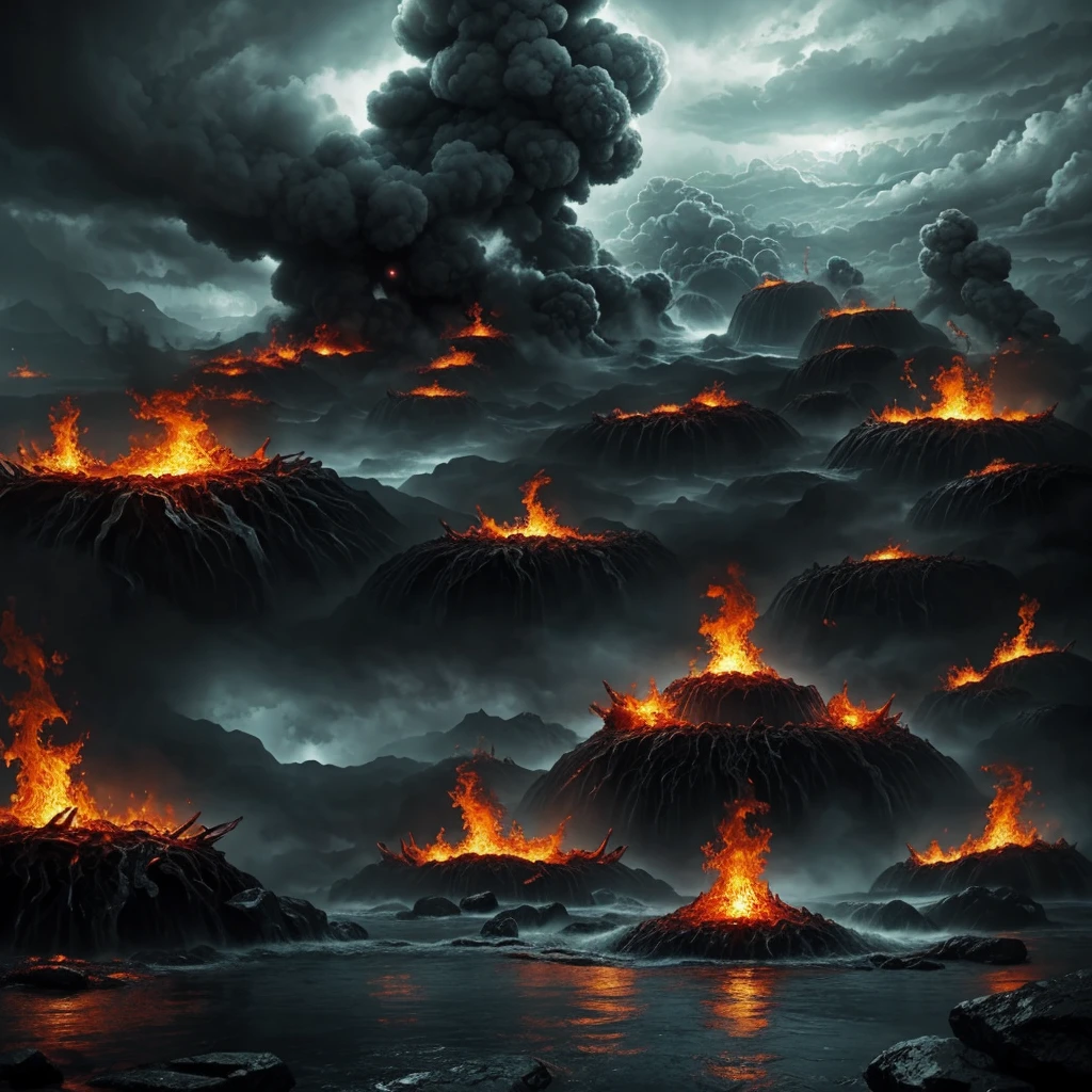 Angry water boiling spiralls rising between hell landscapes 🖤, surreal art, fantasy