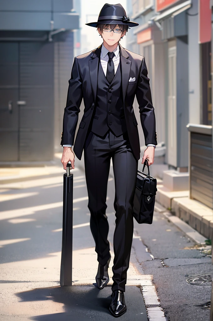 Young man, black shorts hair, eyes gray, glasses, black Fedora hat, black suit, black pants, pocket clock, strong