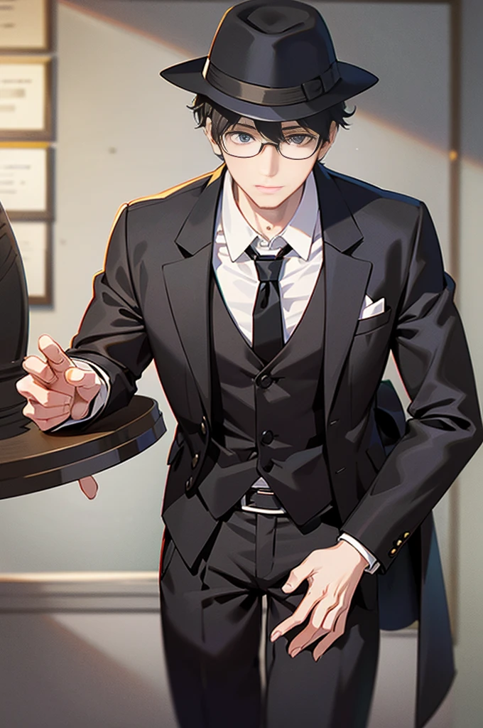 Young man, black shorts hair, eyes gray, glasses, black Fedora hat, black suit, black pants, pocket clock, strong