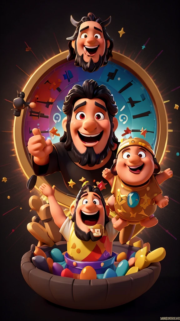 An exuberant 3D representation of (God and Jesus) with an hourglass, clock (Biblical period clothing), his expressive eyes shining with joy as he laughs with his mouth open, black background, the background has colorful splash effects, multicolored paint on a black background surrounding the character) )), The black background shines with a pool of paint behind the 3D characters.