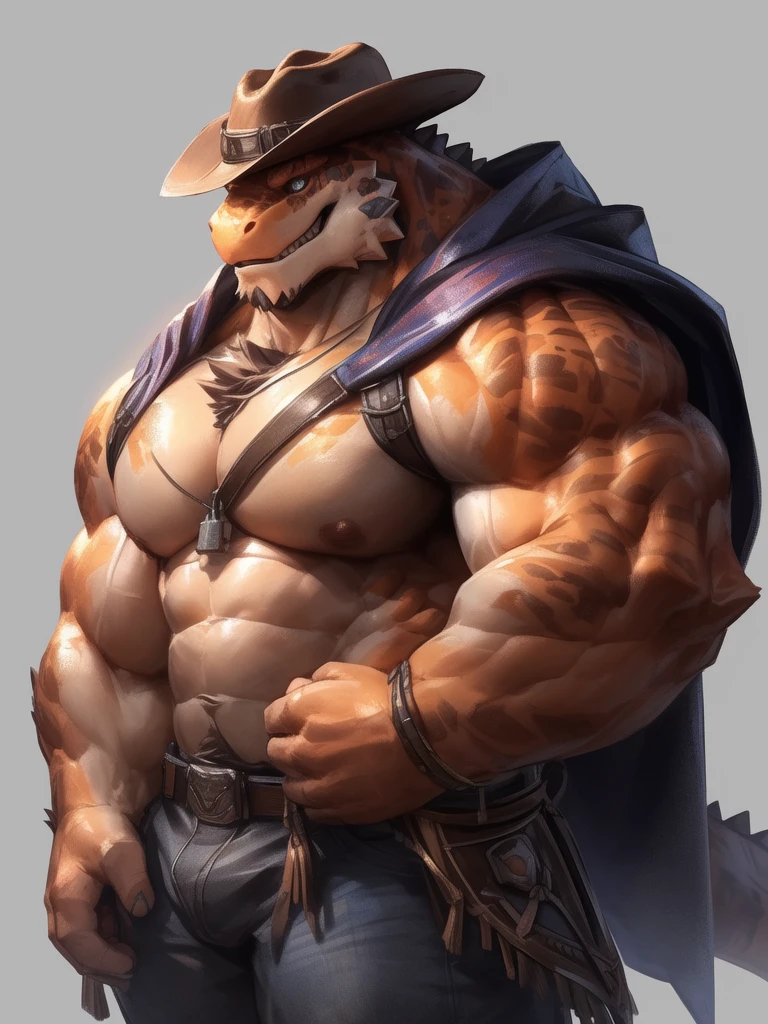 lindong, lucusold, lanxus, a man with a huge muscle, furry dessert lizard walking in dessert, backpack, cowboy hat, side view, ((huge muscular:1.2, wide pectoral, thick arms, sixpack)), smile, thicc, lowres, giant and muscular, danbooru and artstation, heavy detailed, insanely inflated hips, pants, cloak, proportionally arms, fluffy chest, commission for high res, detailed but rough, semirealistic:1.3