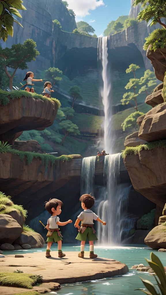 waterfall, 2 small children fight with swords against a big crocodile