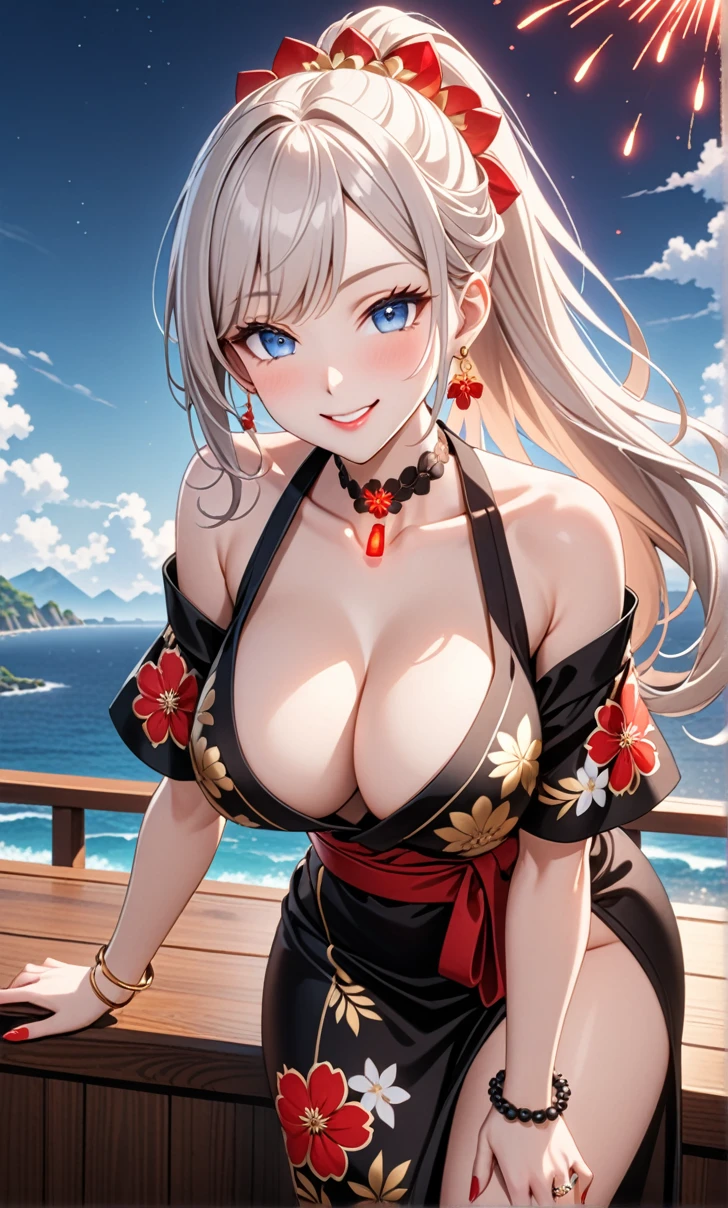 ultra-detailed, ((one girl)), (pale skin:1.4), kimono girl, hyper detailed, absurdres, 8K, fair skin, Beautiful Face, (Laugh shyly), ((teasing smile:1.8)), ((Wink:1.7)), (Laugh with your mouth wide open),((Tilt your head:1.6)), View your viewers, ((Bright red cheeks:1.6)),Glossy Red Lips, ((Big Breasts:1.4)), ((show off breast:1.4)), ((erect nipples)), night,firework, Observation deck with ocean view, (Brighten your face), ((Anime style background)),masterpiece, Highest quality, so beautiful,Latest, Complex details, (Pink long nails), (nail art), (ring),(bracelet), (Floral Choker),AI-generated, Complex,High resolution, Highest quality, super high quality,3D Images、3D Images,One person,long white hair,(High Ponytail), (wavy hair:1.3), Monotone anime woman posing for a photo, ((Fine grain、blue eyes、glowing eyes:1.4)), (Squint your eyes:1.1),a hyperRealistic , hyperRealistic , Realistic,Anime woman with long white, Smooth anime CG art, A girl in a gorgeous black kimono, Gold embroidery, ((black furisode)),(Large floral pattern) , ((undressing)), Long flower hair ornament,Floral Earrings,Mature Body, tall,Abdominal muscles,Narrow waist, ((leaning forward:1.4)), (front view),
