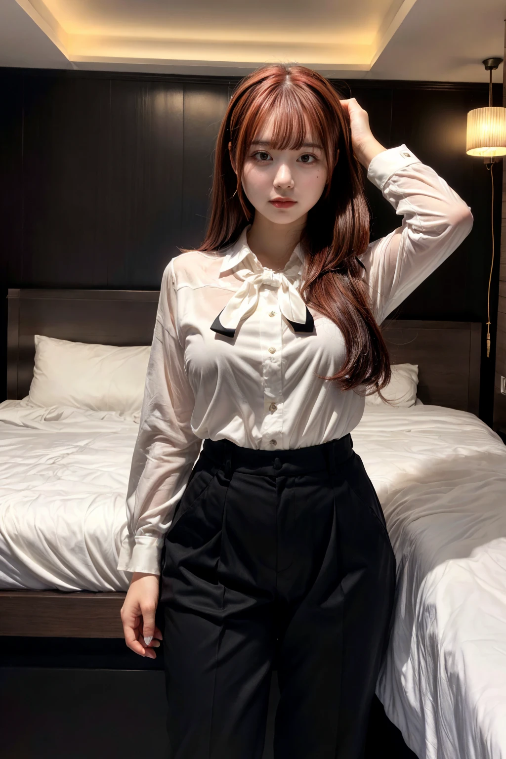 Highest quality、Ultra-high resolution、Professional Lighting、Detailed Background、hotel room、full body,Kobeni-chan、crying a little、25-year-old woman、beautiful girl、(Kobeni-chan、Jet black hair, Black Hair, bangs, One-sided hair,)、(Red Hair Clip:1.1)、(White shirt:1.2)+(Black tie:1.2)+(black long pants for work:1.2)、(Huge breasts that look like they might burst:1.2)、(Big thighs:1.1)、Are standing、Model pose