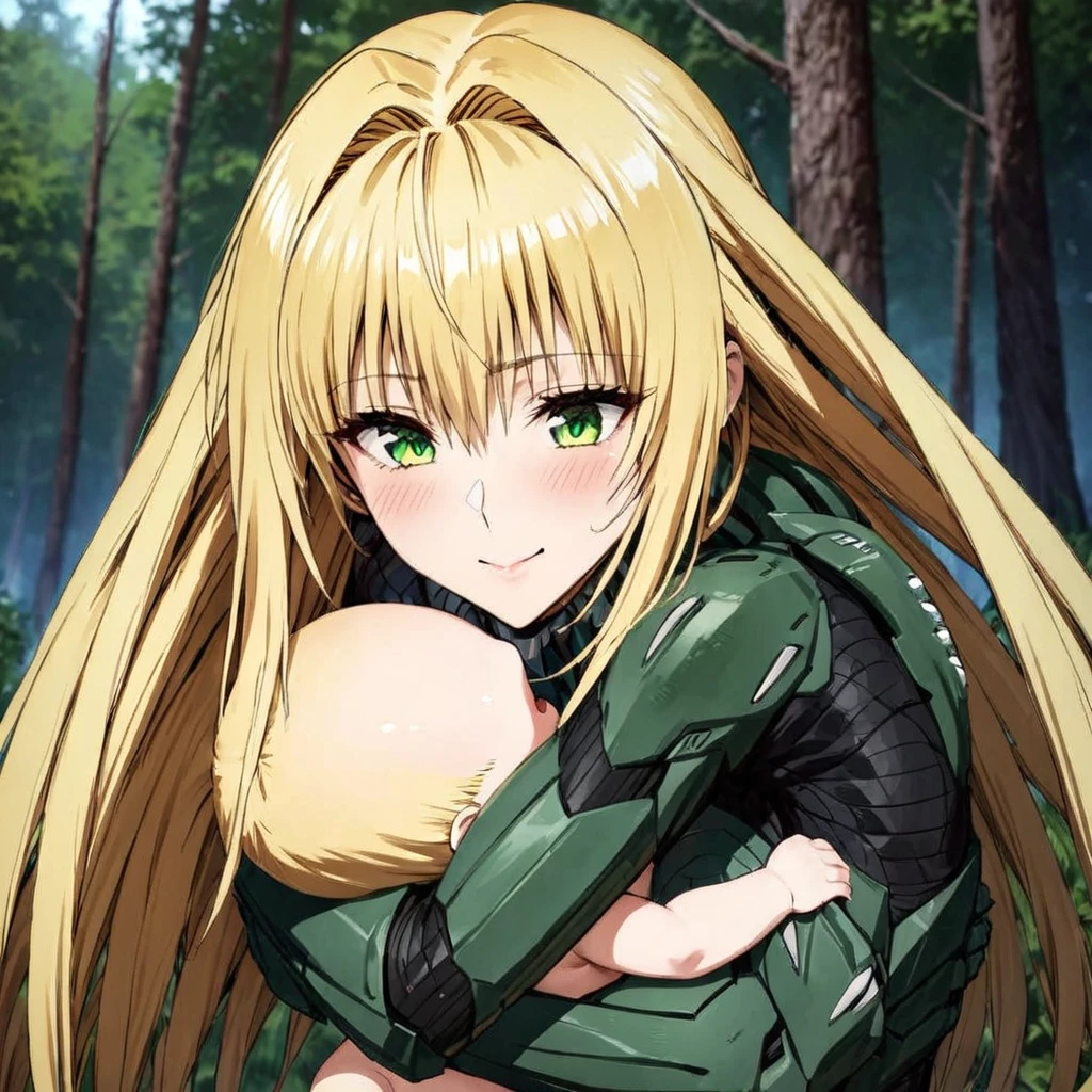 ((Highest quality)), ((masterpiece)), (detailed), （Perfect Face）、The woman is a predator named Tiare, with green eyes, blonde medium-long hair, and a predator suit. She is a complete female predator, happily embracing her fellow male predator in the forest.、the woman is pregnant