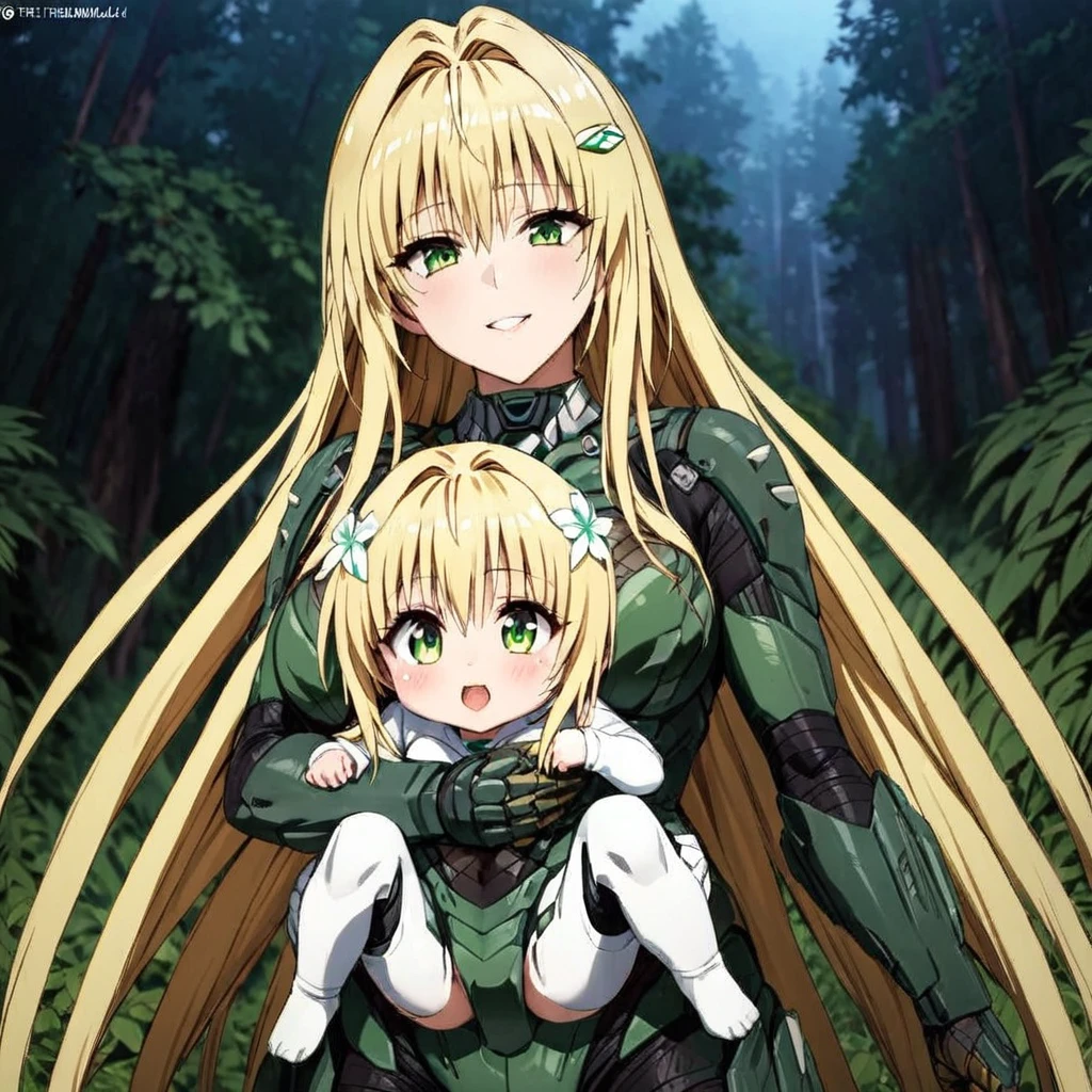 ((Highest quality)), ((masterpiece)), (detailed), （Perfect Face）、The woman is a predator named Tiare, with green eyes, blonde medium-long hair, and a predator suit. She is a complete female predator, happily embracing her fellow male predator in the forest.、The woman is holding her baby daughter