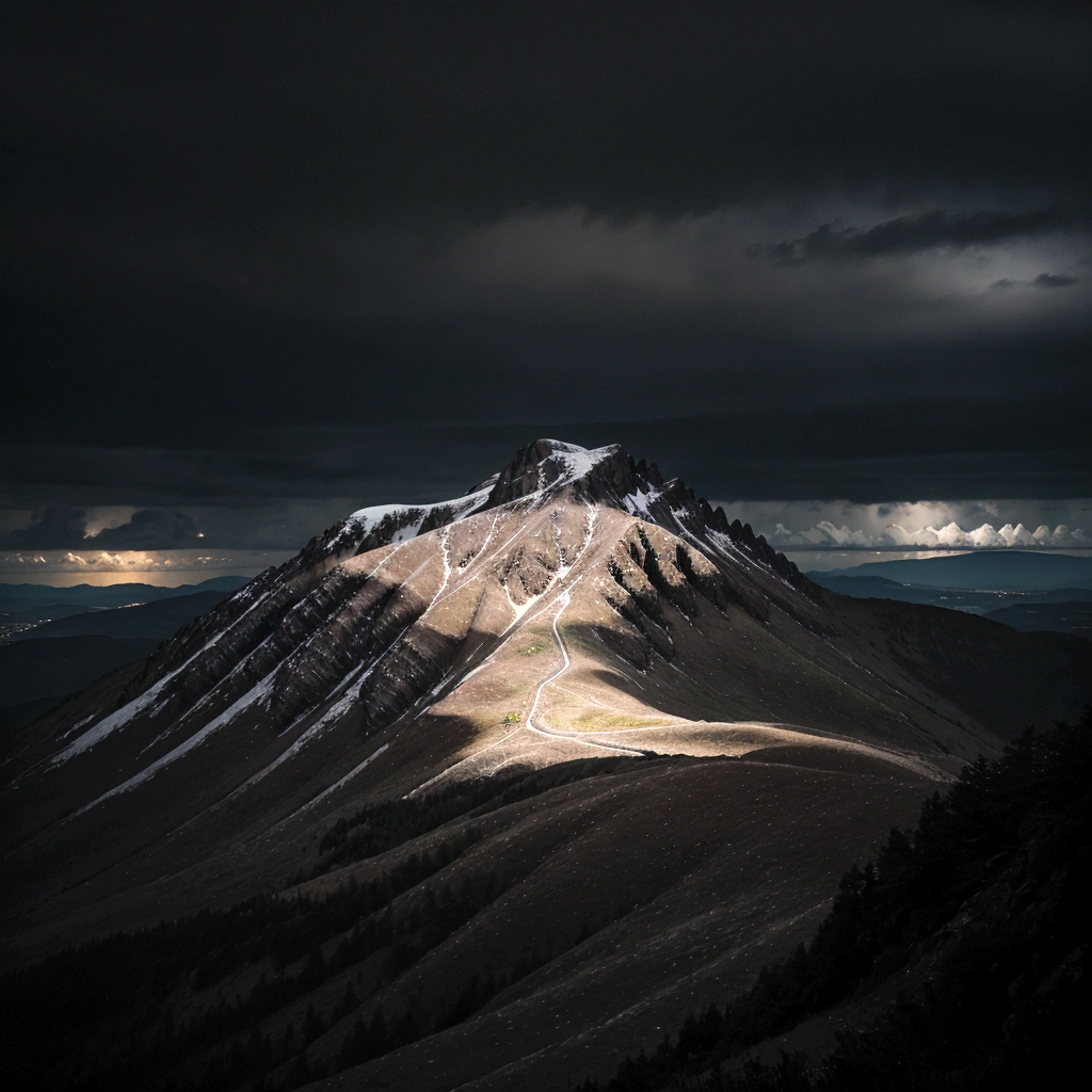 Black mountain top under the dark sky with overcast clouds at night