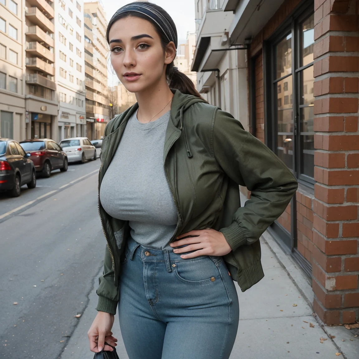 Extremely busty thin and toned brunette photographer, college girl, fair skin, loose ponytail, soft face, athletic, bandana babushka headwrap, tight olive green casual windbreaker, skinny jeans. standing in front of her apartment building, outdoors, city, camera bag, cleavage 