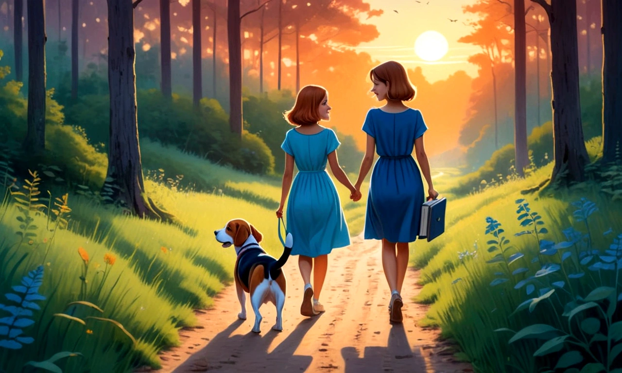 Draw her in blue dress with her friend a beagle walking back along a forest trail at sunset, both smiling, with old diary in hand.