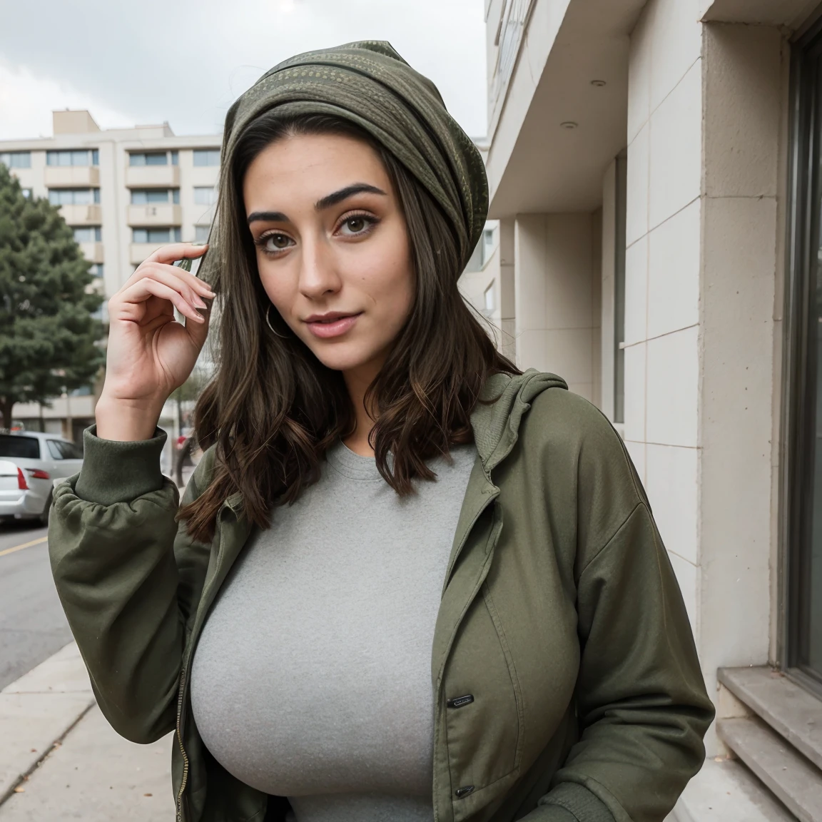 Extremely busty thin and toned brunette photographer, college girl, fair skin, loose single side sweep, soft face, athletic, bandana babushka headwrap, tight olive green casual windbreaker, skinny jeans. standing in front of her apartment building, outdoors, city, camera bag, cleavage