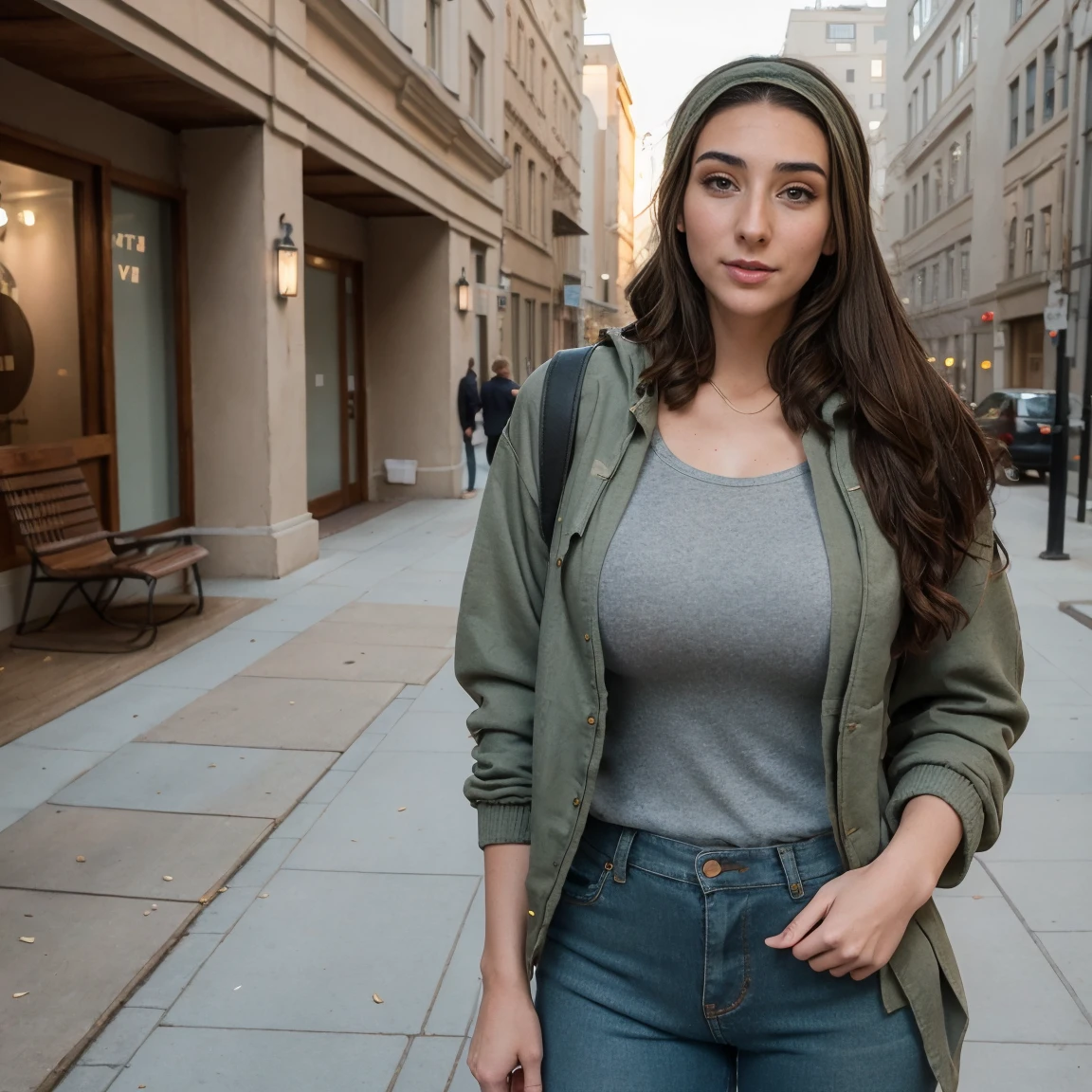 Extremely busty thin and toned brunette photographer, college girl, fair skin, loose single side sweep, soft face, athletic, bandana babushka headwrap, tight olive green casual windbreaker, skinny jeans. standing in front of her apartment building, outdoors, city, camera bag, cleavage