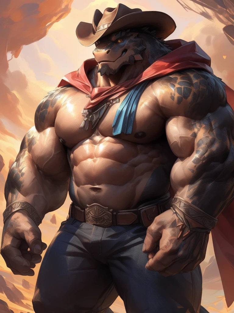 lindong, lucusold, lanxus, a man with a huge muscle, furry dessert lizard walking in dessert, cowboy hat, ((huge muscular:1.2, wide pectoral, thick arms, sixpack)), smile, thicc, lowres, giant and muscular, danbooru and artstation, heavy detailed, insanely inflated hips, pants, cloak, proportionally arms, fluffy chest, commission for high res, detailed but rough, semirealistic:1.3