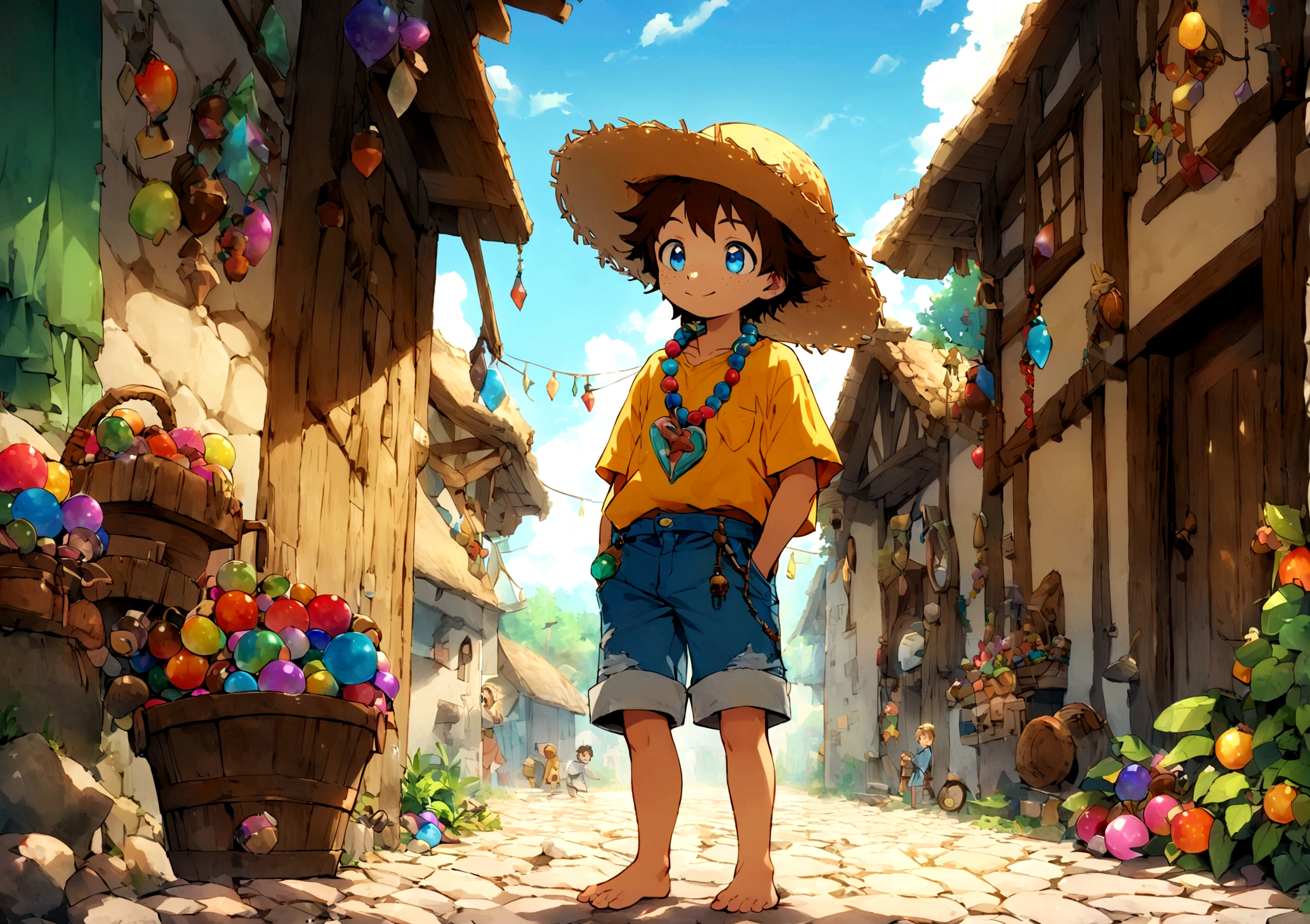 Jimmy is a spirited young boy, , with tousled chestnut hair that peeks out from under a well-worn straw hat. His sun-kissed face is sprinkled with freckles that dance across his cheeks. Bright blue eyes, filled with boundless curiosity, dart eagerly from one point of interest to another. He stands barefoot on the dusty cobblestone path of the village, his feet bearing the marks of countless adventures. Jimmy's attire is practical and playful—a patched-up shirt, slightly oversized and tucked into faded denim shorts that have frayed at the edges from his active explorations. His pockets bulge with treasures he's collected: smooth pebbles, shiny acorns, and bits of colorful string. Around his neck hangs a homemade necklace adorned with vibrant beads and a star-shaped pendant that glints in the sunlight, a testament to his creative spirit and love for small treasures. The light blue background accentuates his lively and adventurous spirit, contrasting with the rustic charm of the village surroundings in colorful style.