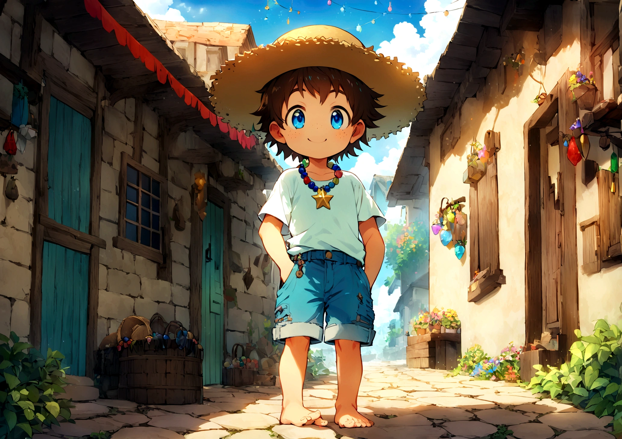 Jimmy is a spirited young boy, around ten years old, with tousled chestnut hair that peeks out from under a well-worn straw hat. His sun-kissed face is sprinkled with freckles that dance across his cheeks. Bright blue eyes, filled with boundless curiosity, dart eagerly from one point of interest to another. He stands barefoot on the dusty cobblestone path of the village, his feet bearing the marks of countless adventures. Jimmy's attire is practical and playful—a patched-up shirt, slightly oversized and tucked into faded denim shorts that have frayed at the edges from his active explorations. His pockets bulge with treasures he's collected: smooth pebbles, shiny acorns, and bits of colorful string. Around his neck hangs a homemade necklace adorned with vibrant beads and a star-shaped pendant that glints in the sunlight, a testament to his creative spirit and love for small treasures. The light blue background accentuates his lively and adventurous spirit, contrasting with the rustic charm of the village surroundings in colorful style.
