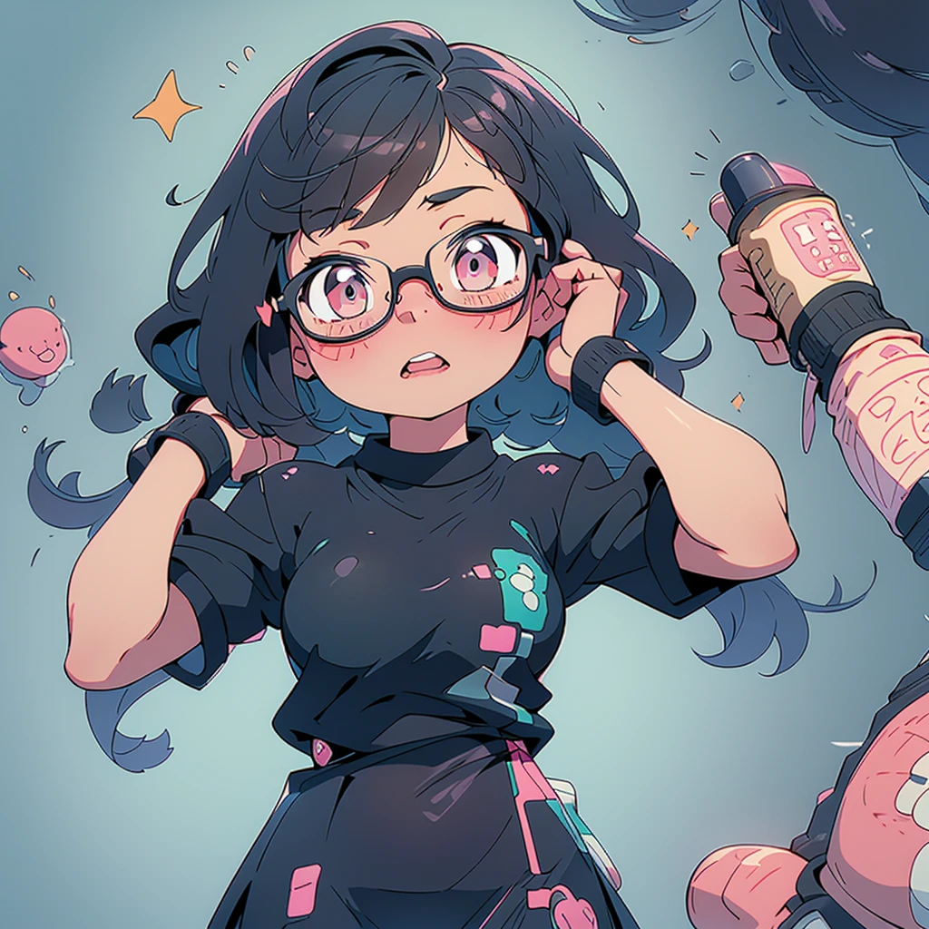 Girl with bob cut and glasses taking off pink swimsuit, touching breasts with both hands, big breasts, looking up, black hair, winking, seaside, pastel colors