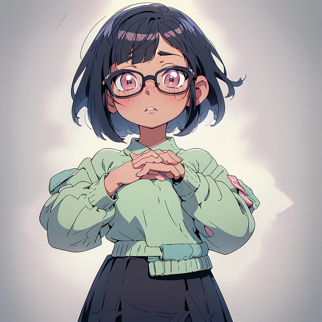 Naked elementary school girl with glasses and bob cut, rubbing breasts with both hands, large breasts, looking up, black hair, winking, inside school, pastel colors