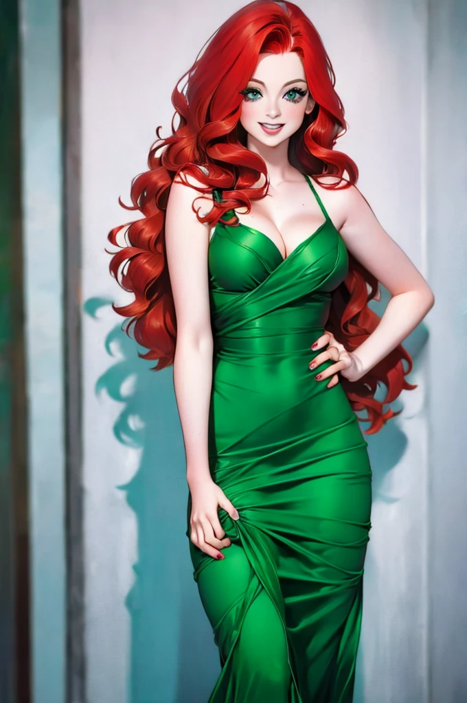 HD, (Best Detail) (Best Quality), redhead woman posing for photo with long red hair and green dress, mature and gorgeous, natural light and shadow