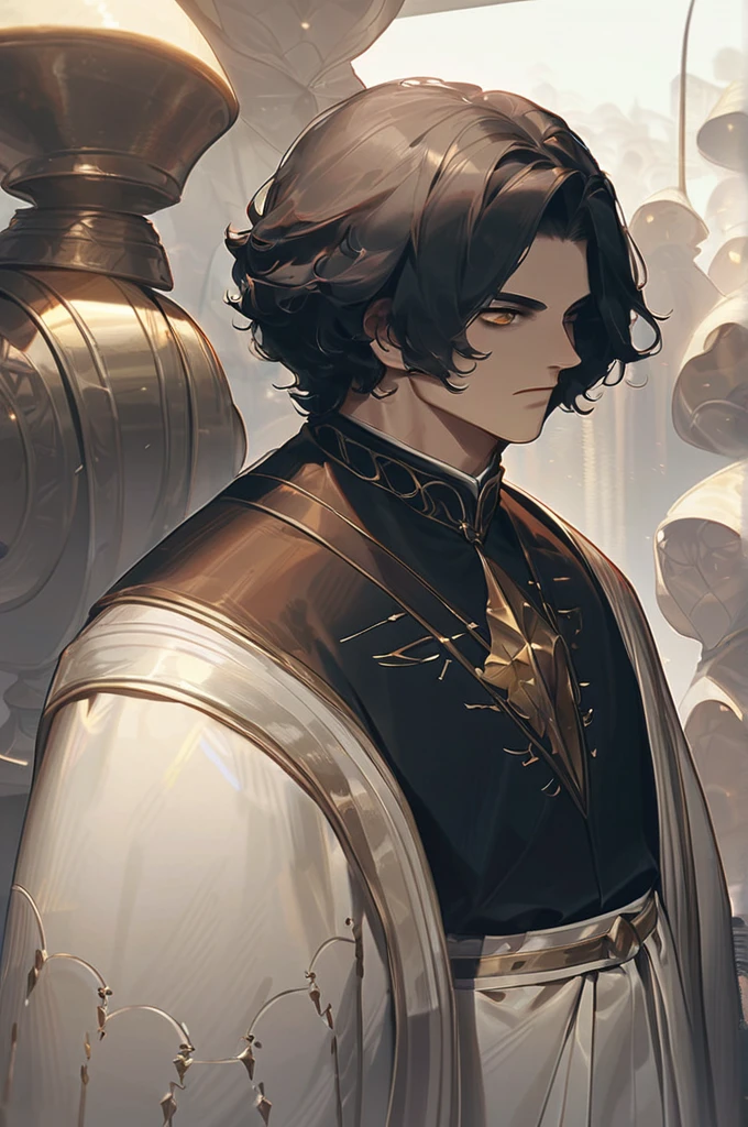 ((Лучшее качество)), ((шедевр)), (подробный), guy, attractive appearance, medium length black hair with a bunch of white, golden eyes, height 179 cm, weight 70 kg, strong build