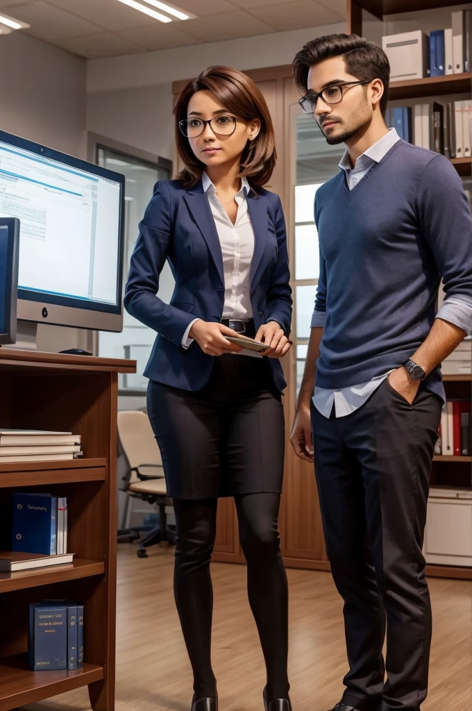 Create two professionals a man and a woman talking to each other, working on a project! In an office with books on shelves and computers. In front of a computer screen, they are talking about productivity! Eles estão conversando sobre Feedback positivo!