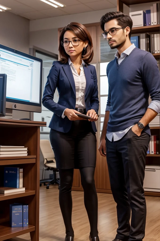 Create two professionals a man and a woman talking to each other, working on a project! In an office with books on shelves and computers. In front of a computer screen, they are talking about productivity! Eles estão conversando sobre Feedback positivo!