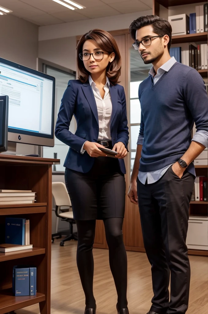 Create two professionals a man and a woman talking to each other, working on a project! In an office with books on shelves and computers. In front of a computer screen, they are talking about productivity! Eles estão conversando sobre Feedback positivo!