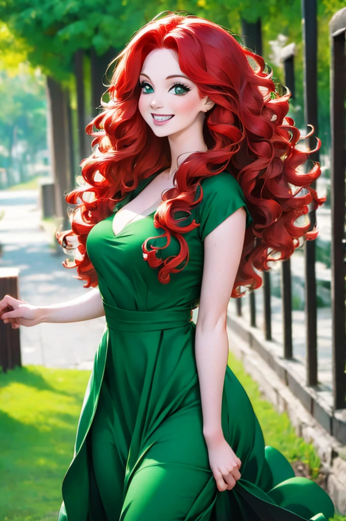 HD, (Best Detail) (Best Quality), redhead woman posing for photo with long red hair and green dress, and gorgeous, natural light and shadow