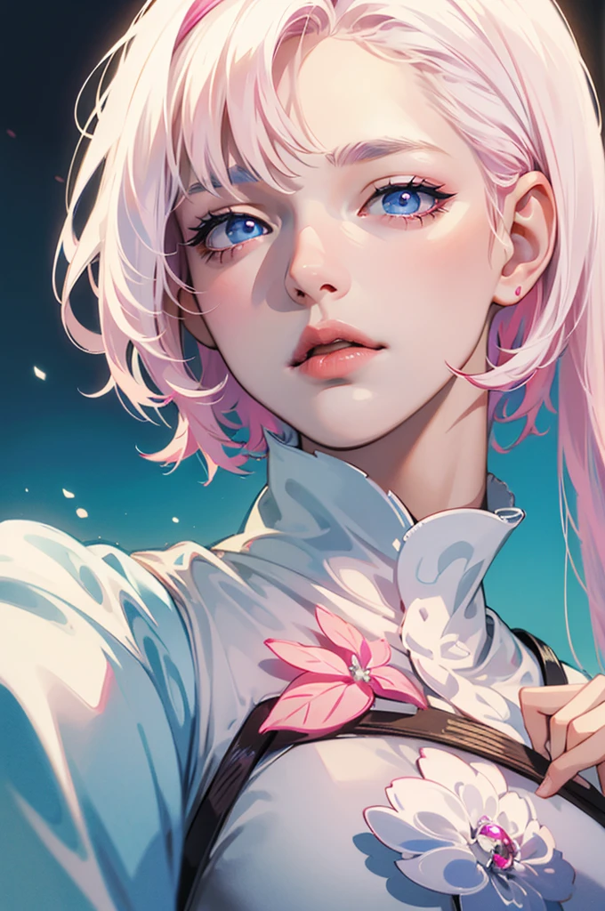 albino age man, She has light blue eyes with long, drooping eyelashes., lips a little full and pink just like her cheeks, short hair with bangs and layers with split ends