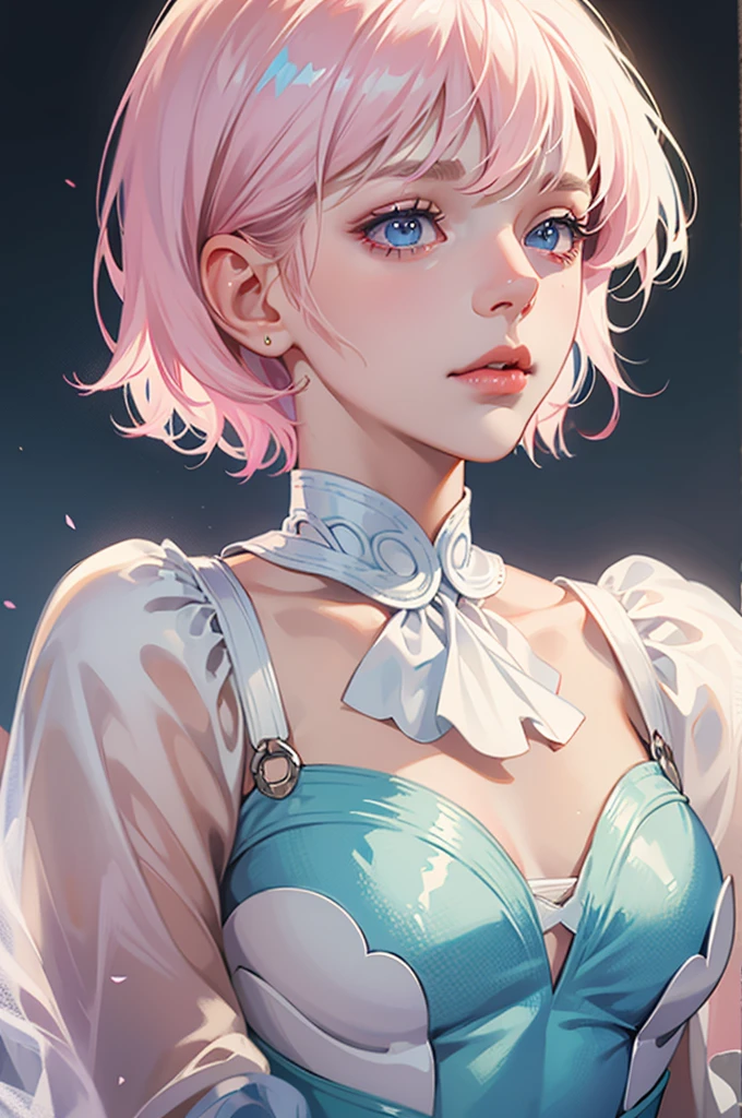 albino teenage man, She has light blue eyes with long, drooping eyelashes., lips a little full and pink just like her cheeks, short hair with bangs and layers with split ends
