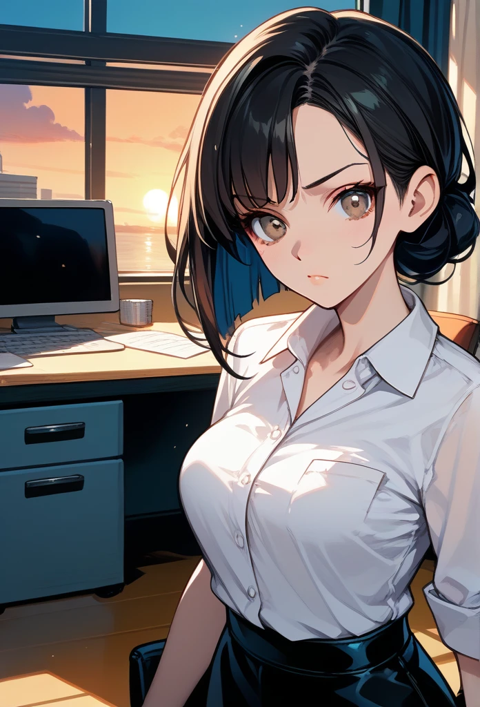masterpiece, best quality, sunset, cowboy shot, mature woman, bob hairstyle, black hair, mature face, hot face, sharp eyes, medium breasts, curvy body, hazel eyes, business clothes, looking at viewer, very close to viewer, face to face, tough appearance, in the office
((looking serious),