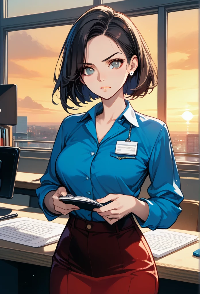 masterpiece, best quality, sunset, cowboy shot, mature woman, bob hairstyle, black hair, mature face, hot face, sharp eyes, medium breasts, curvy body, hazel eyes, business clothes, looking at viewer, very close to viewer, face to face, tough appearance, in the office
 ((looking serious), 