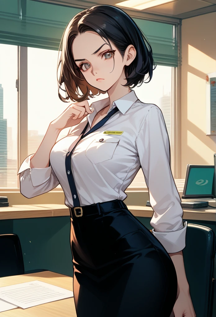 masterpiece, best quality, sunset, cowboy shot, mature woman, bob hairstyle, black hair, mature face, hot face, sharp eyes, medium breasts, curvy body, hazel eyes, business clothes, looking at viewer, very close to viewer, face to face, tough appearance, in the office
 ((looking serious), 