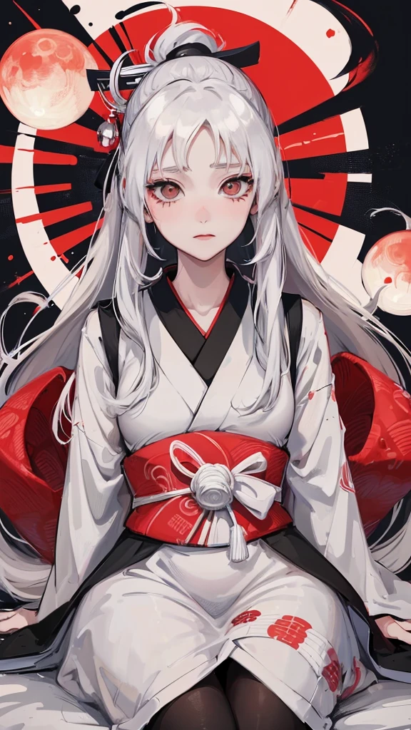 ((Best quality))((realistic))((full body))((face detail)), Kaguya Otsutsuki, character from Naruto Shippuden,white long hair, white long kimono,black tomoe dot, Byakugan,sit,Red moon