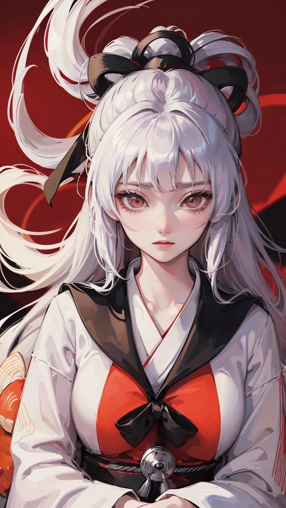 ((Best quality))((realistic))((full body))((face detail)), Kaguya Otsutsuki, character from Naruto Shippuden,white long hair, white long kimono,black tomoe dot, Byakugan,sit,Red moon