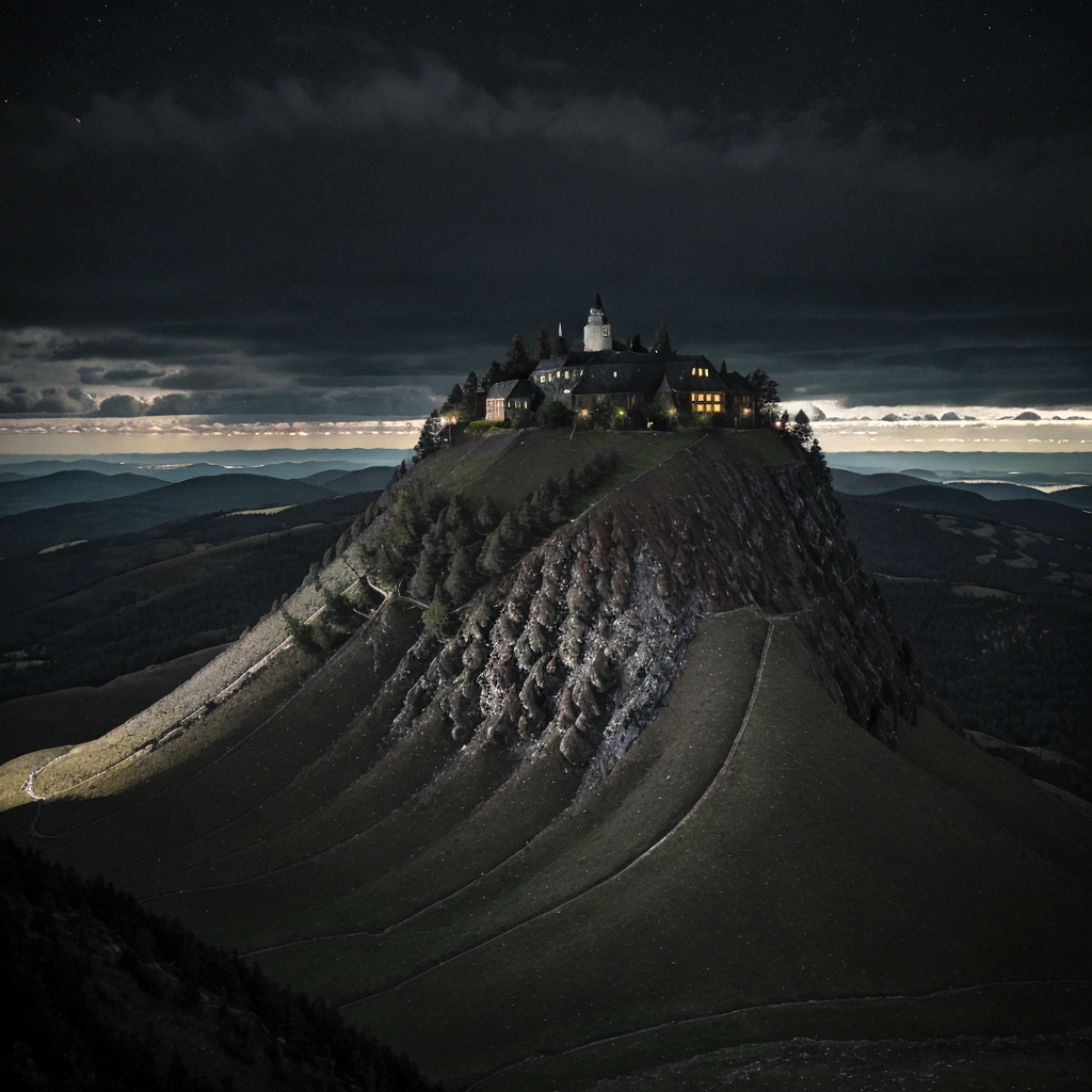 Black mountain top under the dark sky with overcast clouds at night