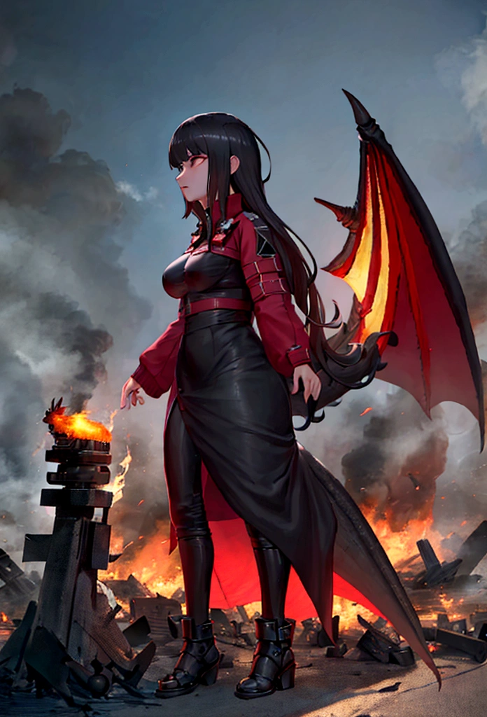 A black-haired woman stands and looks at a fire-breathing dragon in the middle of a war. The city is destroyed and the city is on fire., wide angle photography, Realistic beauty, high resolution, Excellent quality, Masterpiece