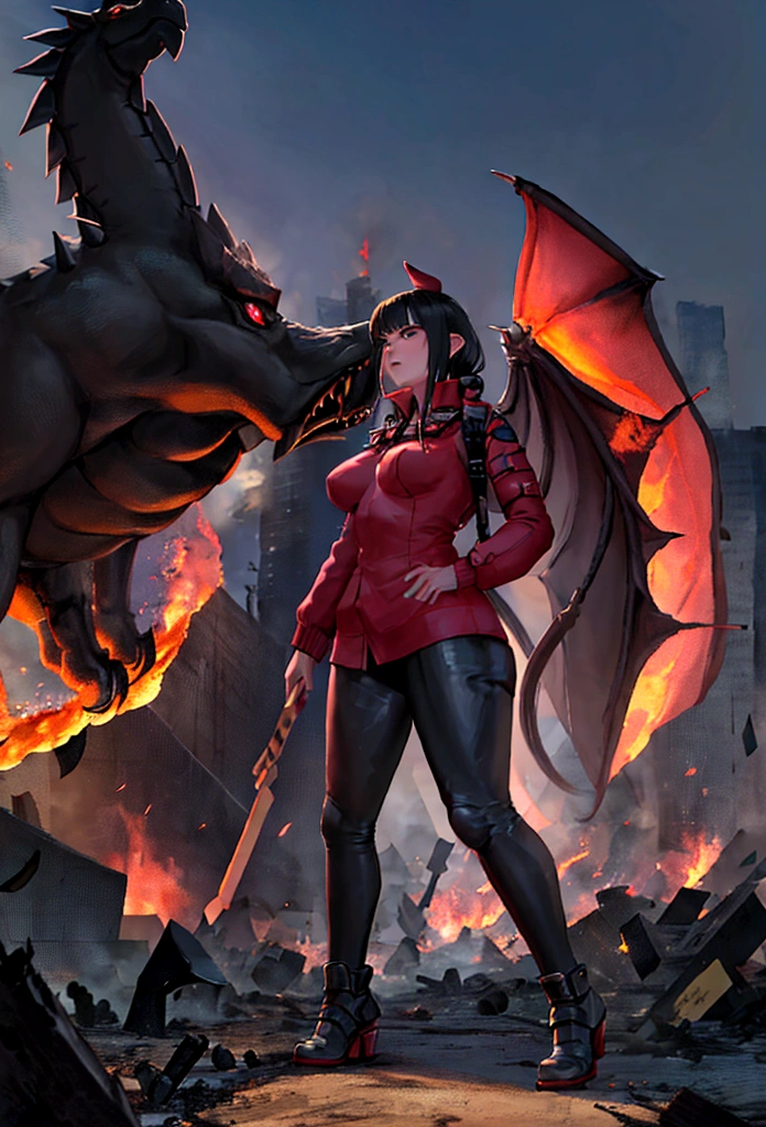 A black-haired woman stands and looks at a fire-breathing dragon in the middle of a war. The city is destroyed and the city is on fire., wide angle photography, Realistic beauty, high resolution, Excellent quality, Masterpiece