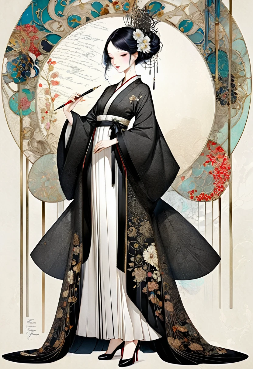 A Beautiful empress, porcelain white, black hair, wearing a traditional ornate robe, Harrison Fisher and Catrin Welz-Stein, pen and ink lines, calligraphic lines, vivid colours, highly detailed, ((Full body picture))