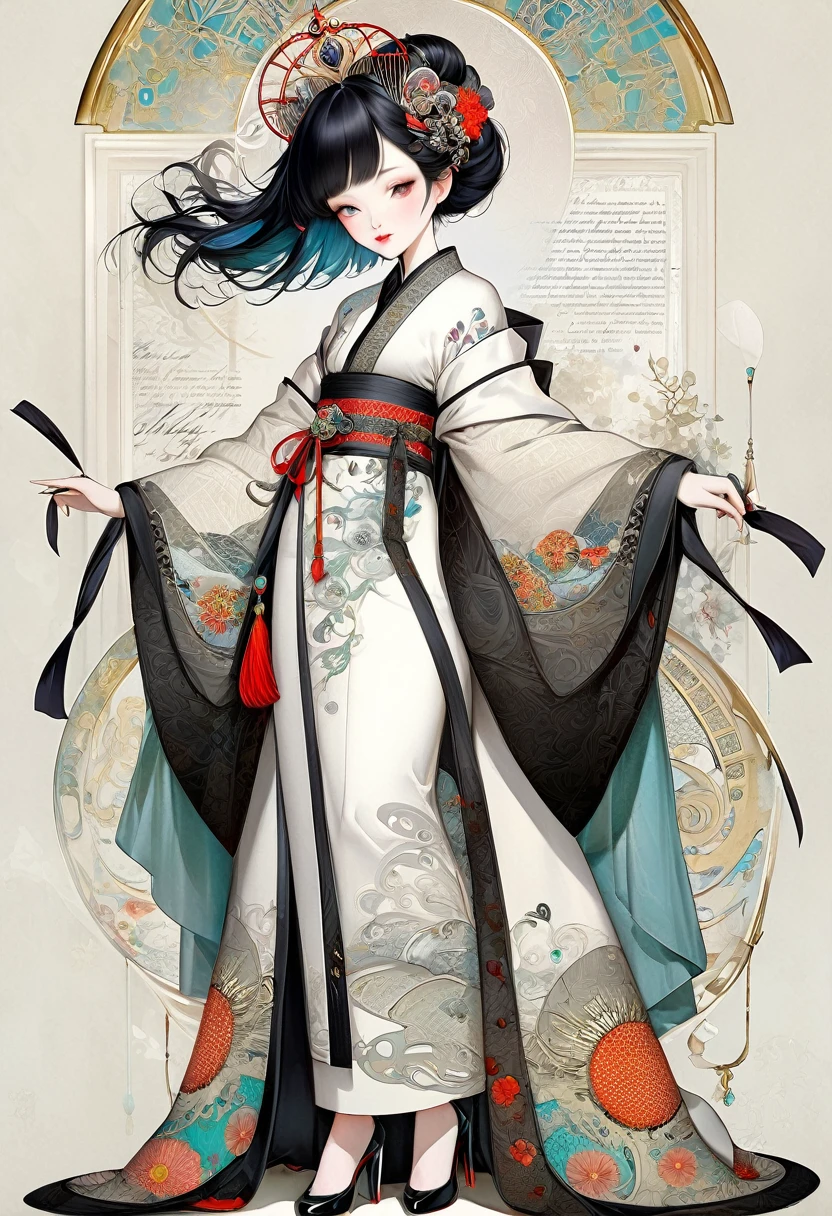 A Beautiful empress, porcelain white, black hair, wearing a traditional ornate robe, Harrison Fisher and Catrin Welz-Stein, pen and ink lines, calligraphic lines, vivid colours, highly detailed, ((Full body picture))