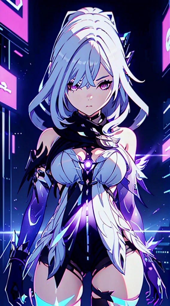 Android Girl,white hair,short and messy hair, purple neon eyes, Holding a chain whip, chains on the hands, circular chains over body, cute, skirt, white blouse, cyberpunk style, eletronic gloves, mecanic parts, eletronic details,living room background.HD lighting and dark )(epic image quality) dark atmosphere with bright particle light(many effects in background), fullbody shot, robot, neon tweaks, cyberpunk theme