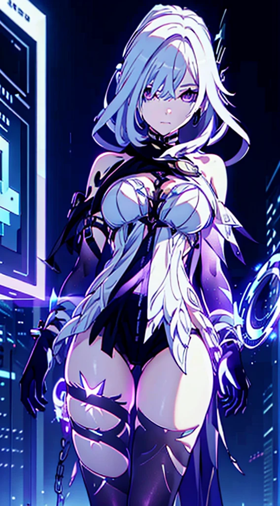 Android Girl,white hair,short and messy hair, purple neon eyes, Holding a chain whip, chains on the hands, circular chains over body, cute, skirt, white blouse, cyberpunk style, eletronic gloves, mecanic parts, eletronic details,living room background.HD lighting and dark )(epic image quality) dark atmosphere with bright particle light(many effects in background), fullbody shot, robot, neon tweaks, cyberpunk theme