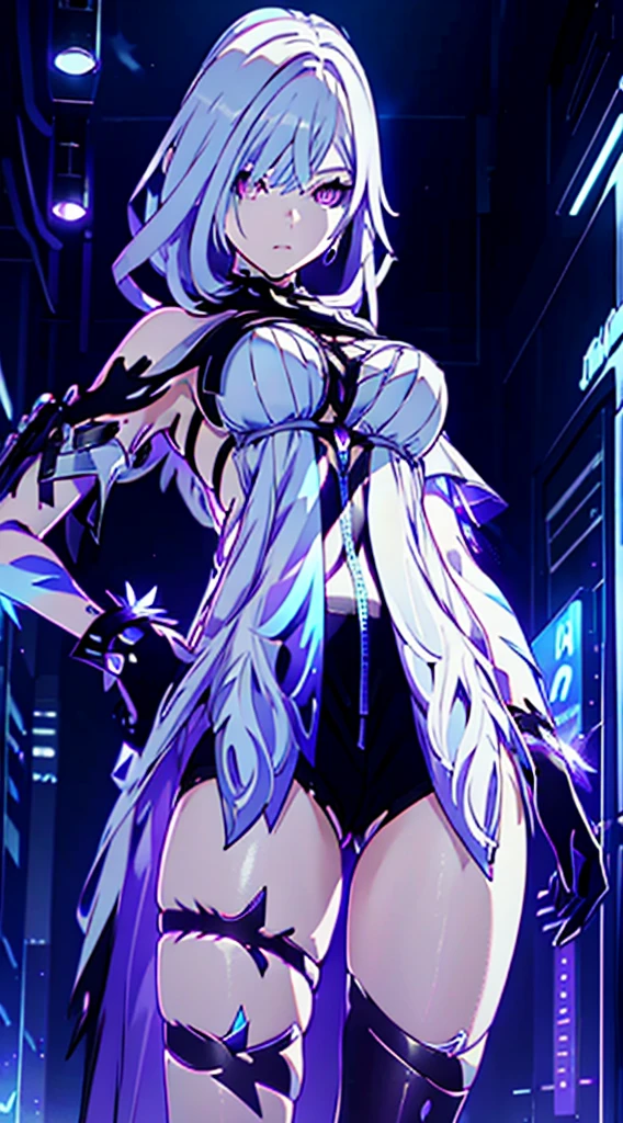 Android Girl,white hair,short and messy hair, purple neon eyes, Holding a chain whip, chains on the hands, circular chains over body, cute, skirt, white blouse, cyberpunk style, eletronic gloves, mecanic parts, eletronic details,living room background.HD lighting and dark )(epic image quality) dark atmosphere with bright particle light(many effects in background), fullbody shot, robot, neon tweaks, cyberpunk theme