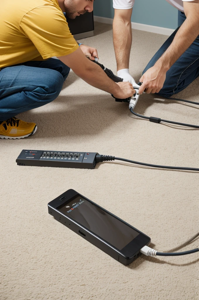 Laying several white network cables on the floor