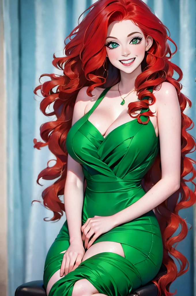 HD, (Best Detail) (Best Quality), redhead woman posing for photo with long red hair and green dress, mature and gorgeous, natural light and shadow