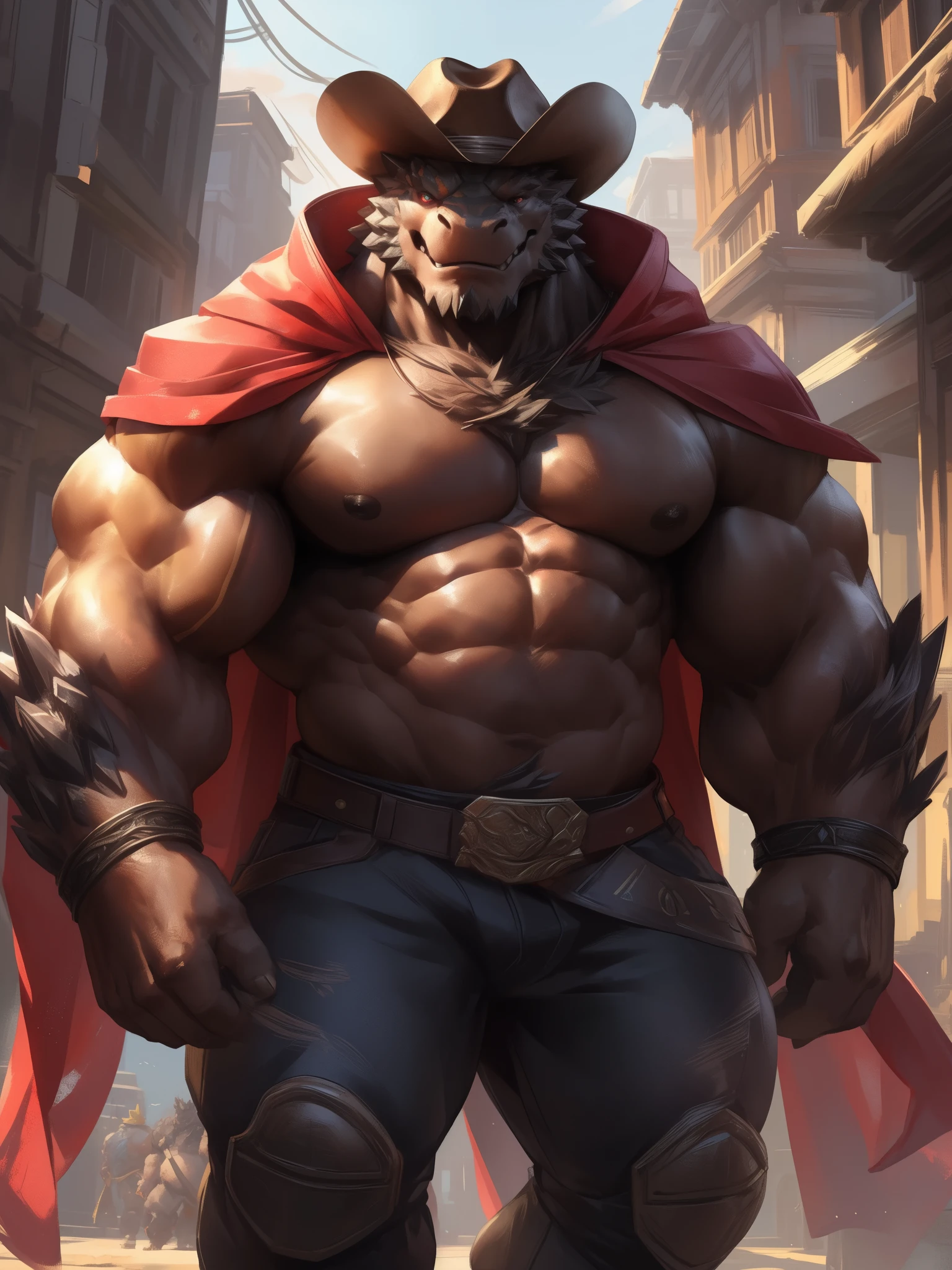 lindong, lucusold, lanxus, a man with a huge muscle, furry dessert lizard walking in dessert, cowboy hat, ((huge muscular:1.2, wide pectoral, thick arms, sixpack)), smile, thicc, lowres, giant and muscular, danbooru and artstation, heavy detailed, insanely inflated hips, pants, cloak, proportionally arms, fluffy chest, commission for high res, detailed but rough, semirealistic:1.3