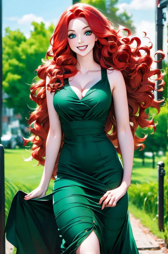 HD, (Best Detail) (Best Quality), redhead woman posing for photo with long red hair and green dress, mature and gorgeous, natural light and shadow