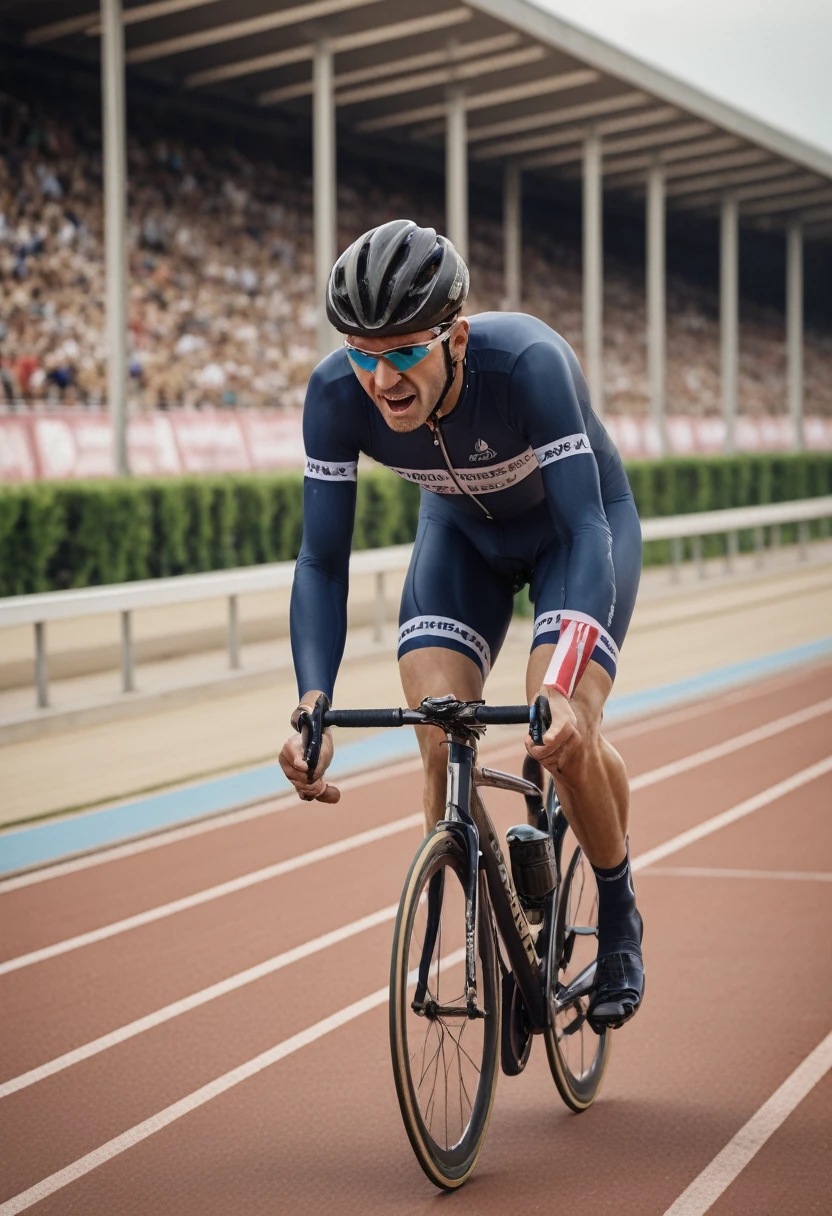 (Athlete), On the cycling track, athletes make their final sprint on the track, with the wind whistling in their ears and a flickering finish line in the background, full body, (Photography), panoramic view, award-winning, cinematic still, emotional, vignette, dynamic, vivid, (masterpiece, best quality, Professional, perfect composition, very aesthetic, absurdres, ultra-detailed, intricate details:1.3)